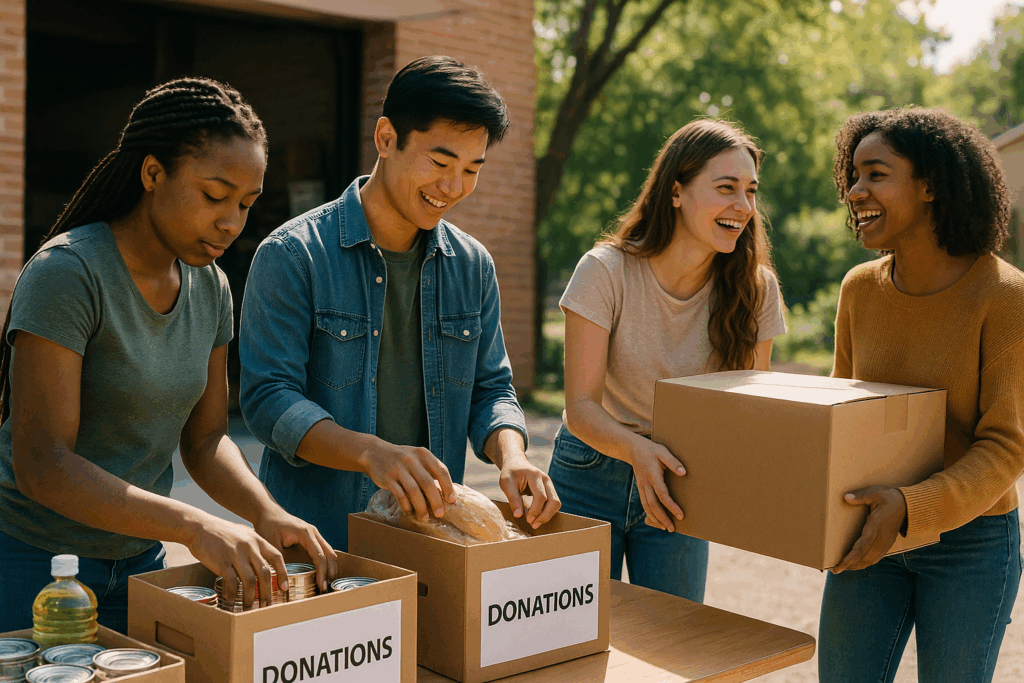 Students volunteering together at local food bank