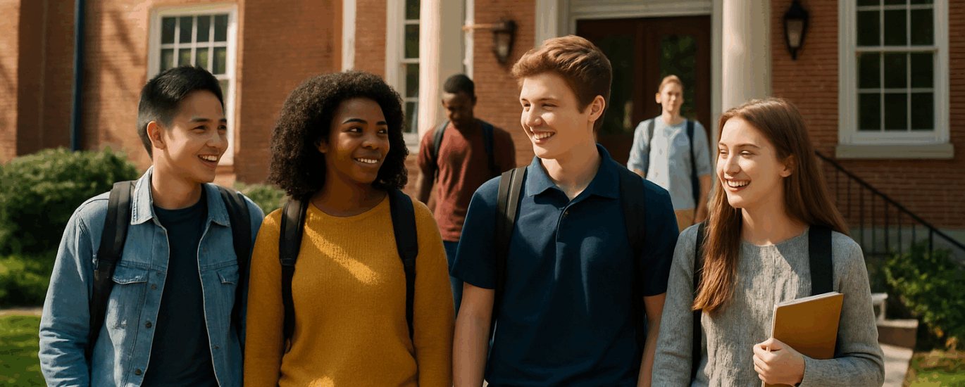 Diverse students smiling outside school building