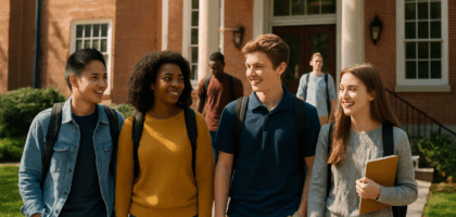 Diverse students smiling outside school building