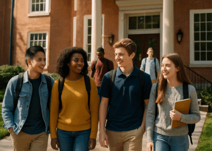 Diverse students smiling outside school building