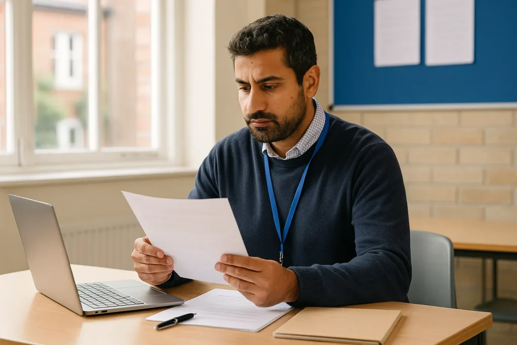 School administrator reviewing teacher background check documents