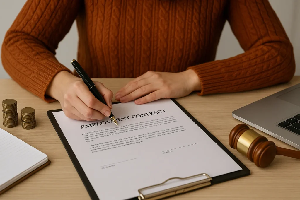 A detailed employment contract at office desk