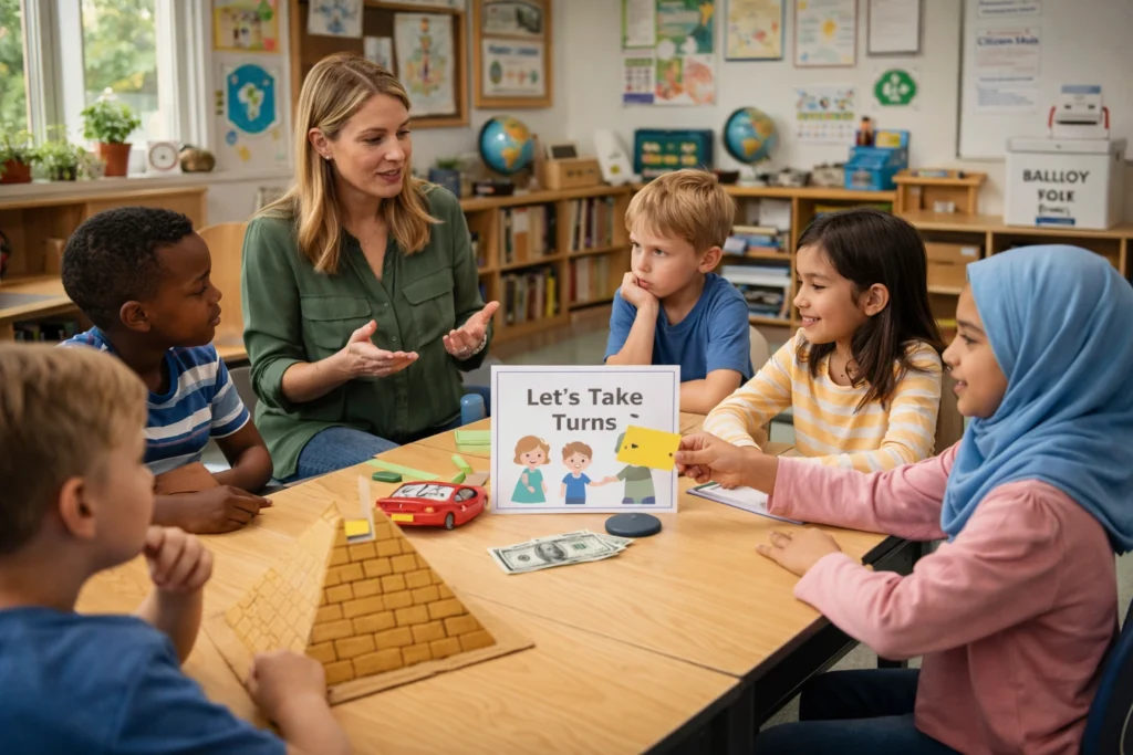 Classroom discussion on sharing and teamwork