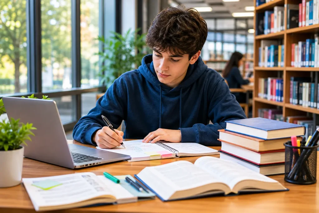 Student creating a study plan in a library