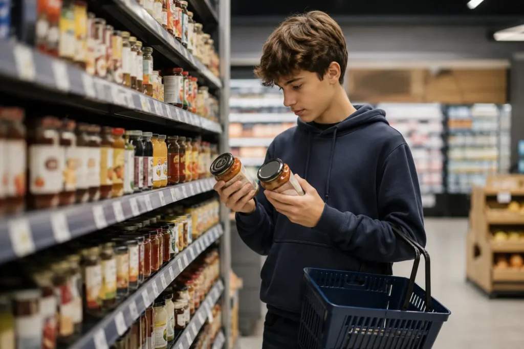 Student comparing product prices in a grocery store