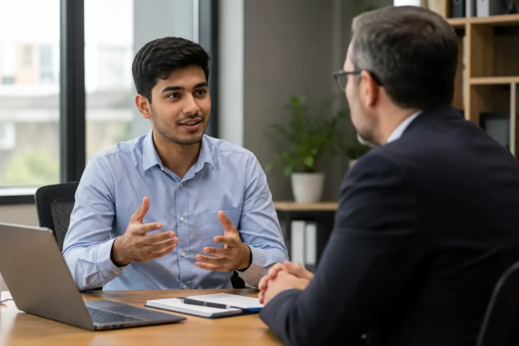 Employee confidently speaking during a workplace meeting