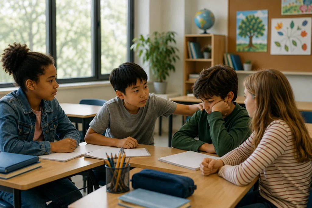 Supportive friends in a bright classroom