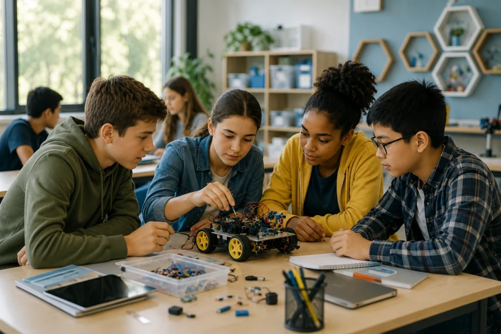 STEM students building a robot together